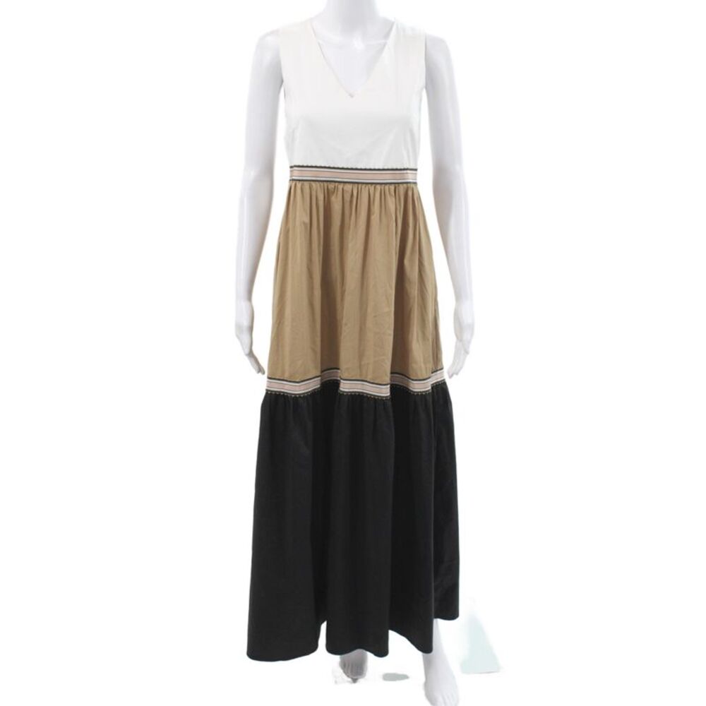 Jennifer Tattanelli Womens White Cotton V-Neck Colorblock Maxi Dress Size 40